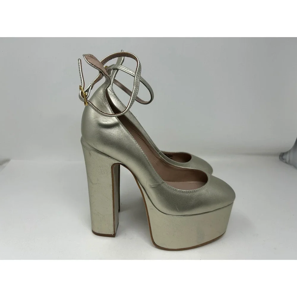 Zigi Womens Nicole Metallic Gold Platform Pumps Ankle Strap Block Heel Size 7